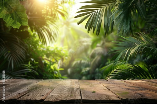 Jungle table background. Interior table for a cosmetic item against the backdrop of tropical plants  palms and jungle - generative ai