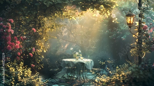 The romantic background depicts a serene. beautiful scenery of enchanted forest. AI Generative