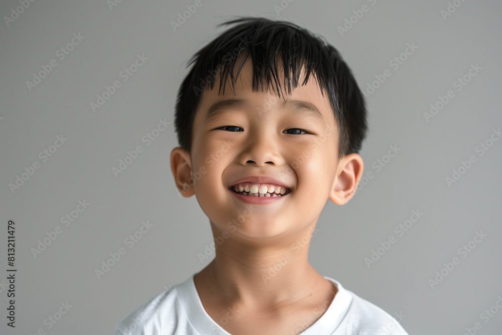 Chinese boy smiling in copy-space, a representation of cheerful innocence in a young Asian child from China