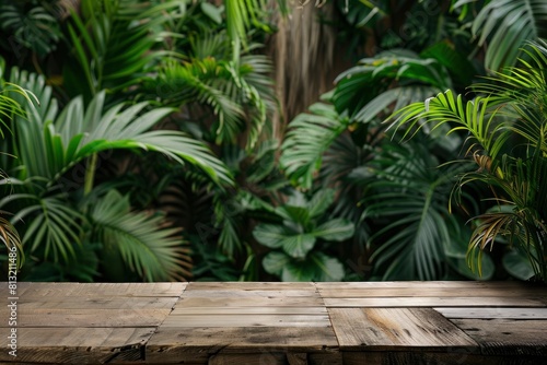 Jungle table background. Interior table for a cosmetic item against the backdrop of tropical plants  palms and jungle - generative ai