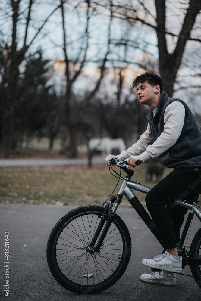 Fototapeta premium Outdoor shot of a young male teenager riding a bike, with a natural park background in the fall season