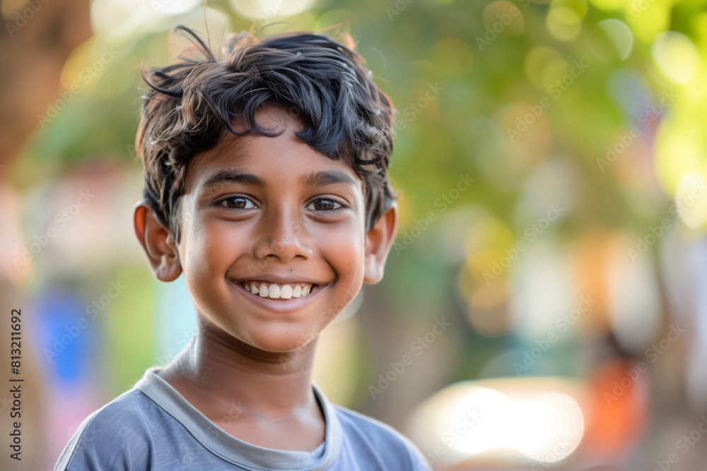 Indian Boy smiling in copy-space, capturing a moment of childhood bliss in a cross-cultural Asian setting Indian Boy smiling in copy-space, capturing a moment of childhood bliss in a cross-cultural Asian setting