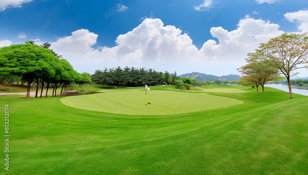 Vibrant green golf course with clear skies and lush trees on a sunny day Vibrant green golf course with clear skies and lush trees on a sunny day