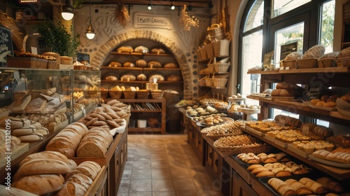 A cozy bakery with a window display showcasing fresh bread and pastries, enticing customers with the aroma of delicious baked goods