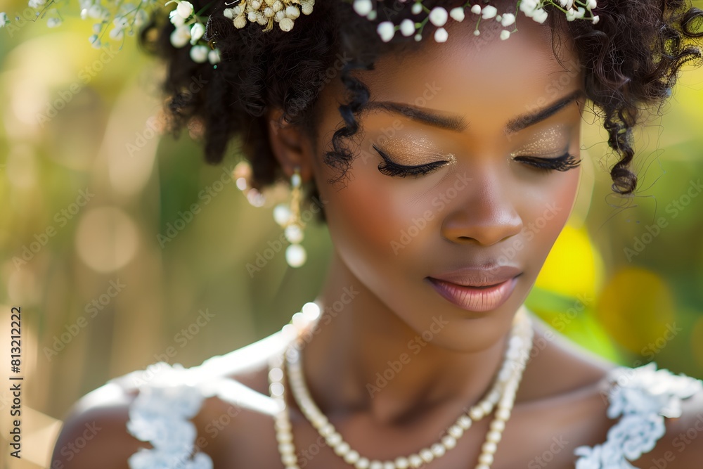 a woman with a flower crown on her head and pearls on her necklace