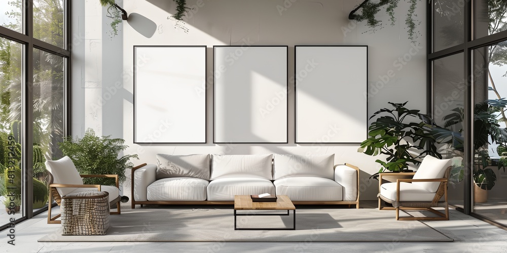 Fototapeta premium a living room with a couch, chairs, and a table with a plant in it and three poster mock-up on the wall