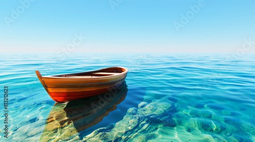 small wooden boat on a clear blue water with calm waves. Summer landscape scene