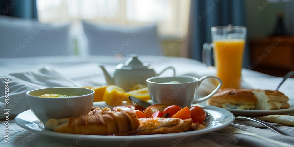 plate of food on a hotel bed with a glass of orange juice and a cup of coffee plate of food on a hotel bed with a glass of orange juice and a cup of coffee