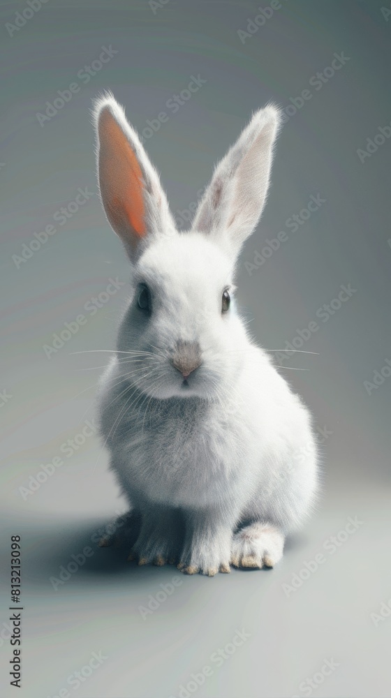 Adorable white bunny with fluffy fur sits on a table, twitching its nose Adorable white bunny with fluffy fur sits on a table, twitching its nose