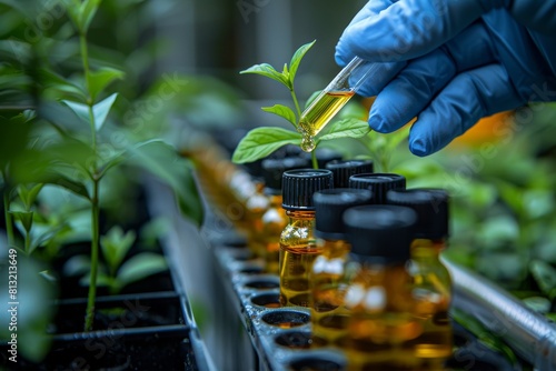 A scientist drops a liquid onto a young plant with a pipette in a controlled lab environment, highlighting the importance of agricultural research photo
