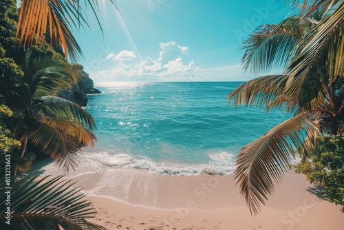 Serene tropical beach surrounded by palm trees and clear blue water representing an idyllic vacation destination and natural beauty photo