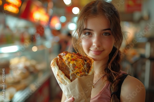 A young girl with a pleasant expression holding a delicious slice of pizza in a fast food setting