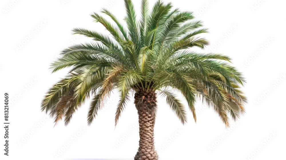 A single palm tree on a white background, its lush green leaves contrasting with the azure sky, inviting relaxation and vacation vibes
