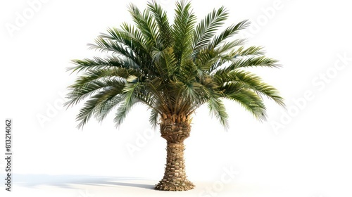 A single palm tree on a white background, its lush green leaves contrasting with the azure sky, inviting relaxation and vacation vibes