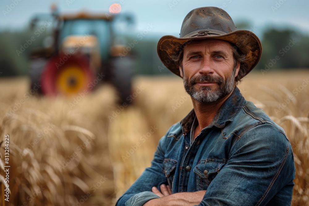 Farmer in a leather hat confidently standing in a wheat field during harvest time