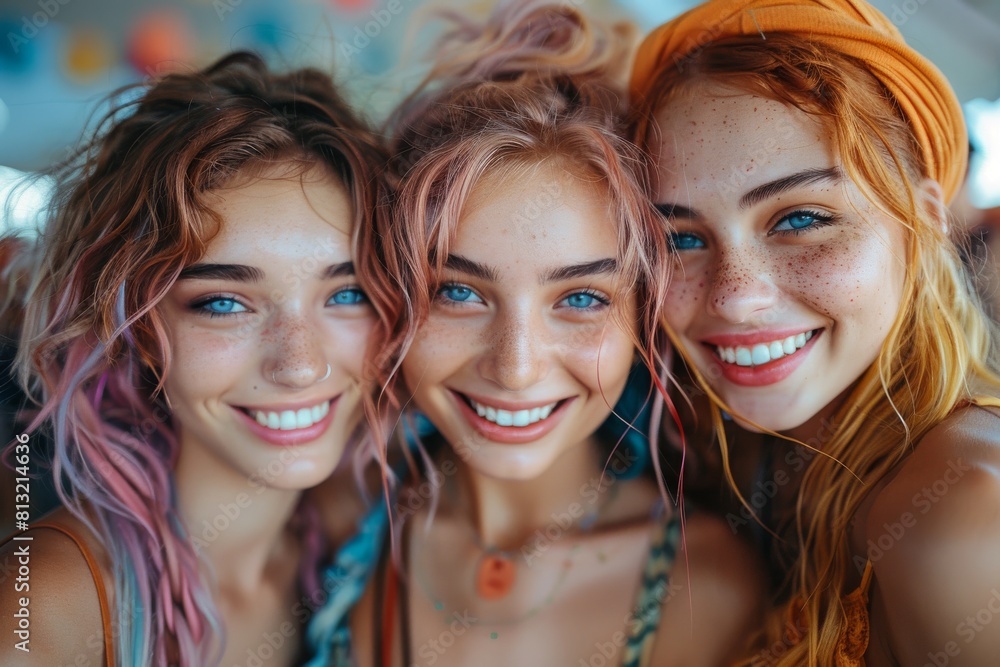 A tight shot of four attractive young women with freckles, colorful hair, and beaming smiles, sharing a warm moment A tight shot of four attractive young women with freckles, colorful hair, and beaming smiles, sharing a warm moment