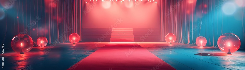 Obraz premium Red carpet with spotlight and bokeh lights in the background.