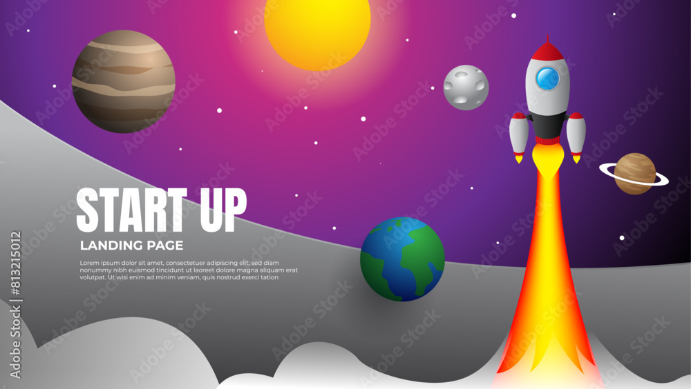Fototapeta premium illustration of rocket flying in space with planets and sun. start up landing page concept. start up presentation design.