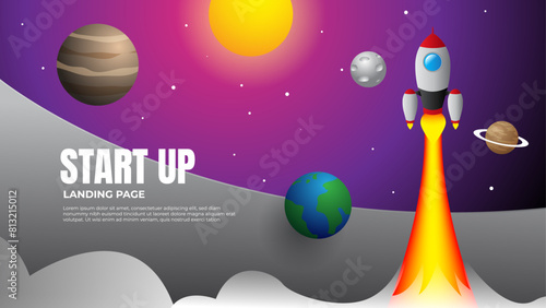 illustration of rocket flying in space with planets and sun. start up landing page concept. start up presentation design.