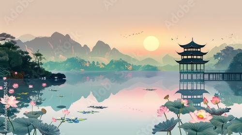 asian lake landscape with mountains  lakes  lotuses and pavilions  pink and fluorescent green  digital illustration