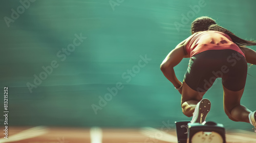 female sprinter in starting blocks at the beginning of a race on a blurred track photo