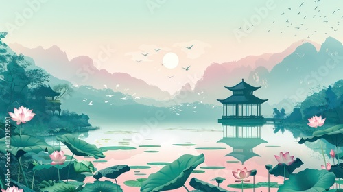 asian lake landscape with mountains, lakes, lotuses and pavilions, pink and fluorescent green, digital illustration