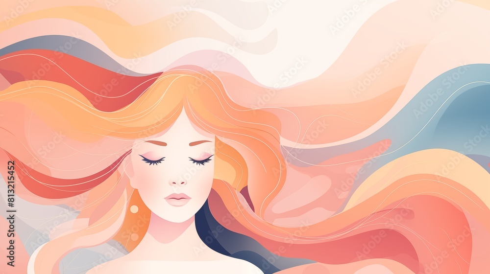 Serene illustration of a woman with long flowing hair in pastel shades