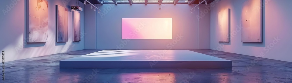 The image is a 3D rendering of a stage with a large screen in the background. The stage is lit by spotlights and there is a runway in front of it. The image is a 3D rendering of a stage with a large screen in the background. The stage is lit by spotlights and there is a runway in front of it.