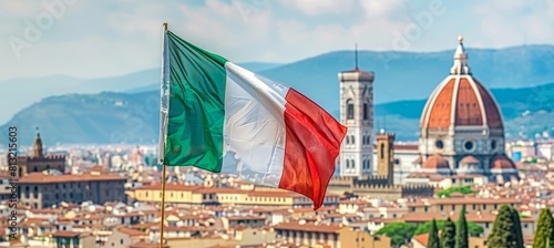 Italian flag waving with cityscape in the background, symbolizing pride and patriotism