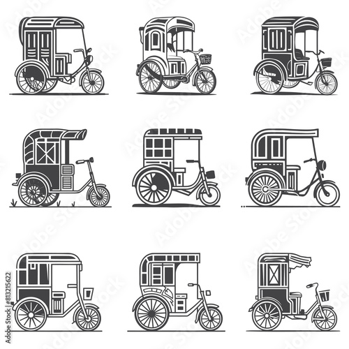 set of rickshaw vector designs, auto, auto rickshaw, baby taxi, pigeon, bajaj, lapa, tum-tum, 3wheel, easy bike, past, rickshaw india, rickshaw bangladesh, old, nostalgia, move, model, isolated