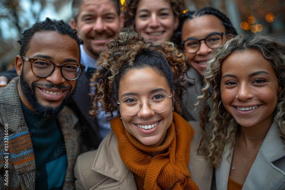 A happy group of friends in outdoor wear smiling in chilly weather A happy group of friends in outdoor wear smiling in chilly weather