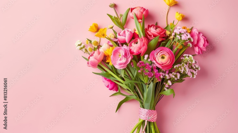 delightful hello may greeting card with vivid spring flowers bouquet on pastel background delightful hello may greeting card with vivid spring flowers bouquet on pastel background
