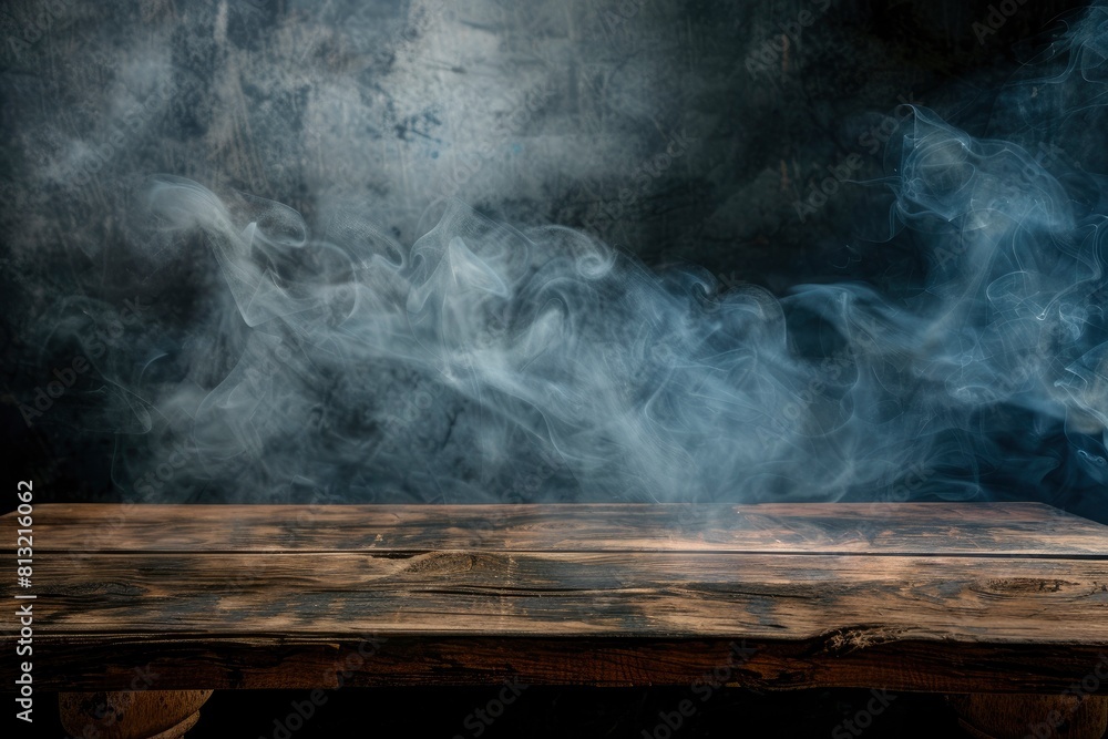 empty wooden table with smoke float up on dark background Empty Space for display your products - generative ai