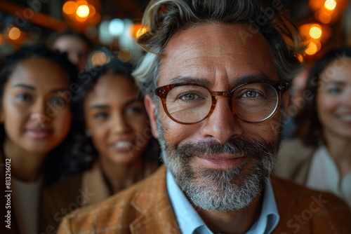 Portrait of a stylish man with beard and clear glasses smiling at the camera