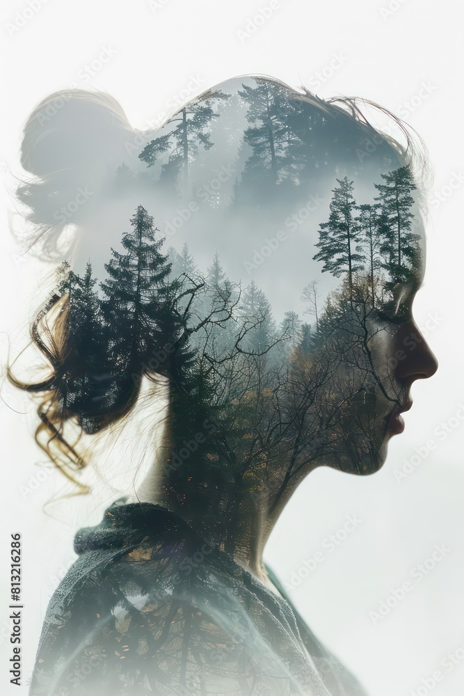 mountains woman silhouette in double exposure
