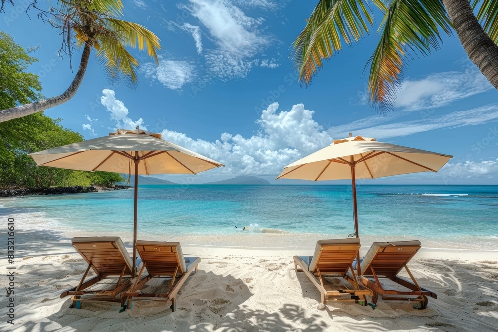 Tranquil beach scene: sun loungers, umbrella, azure sky