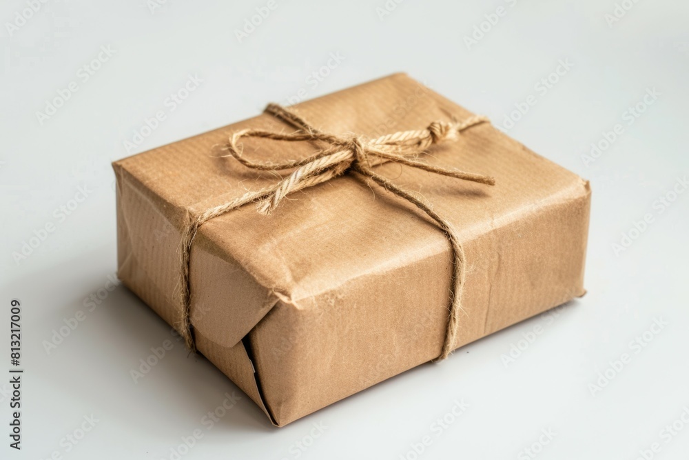 A brown box with string tied around it A brown box with string tied around it