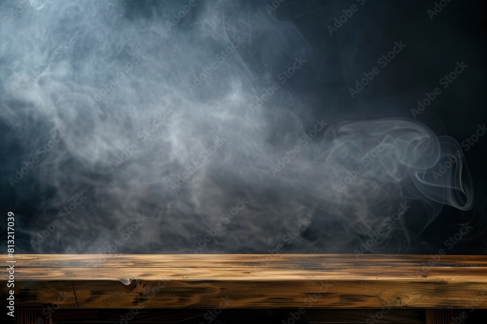 empty wooden table with smoke float up on dark background Empty Space for display your products - generative ai empty wooden table with smoke float up on dark background Empty Space for display your products - generative ai