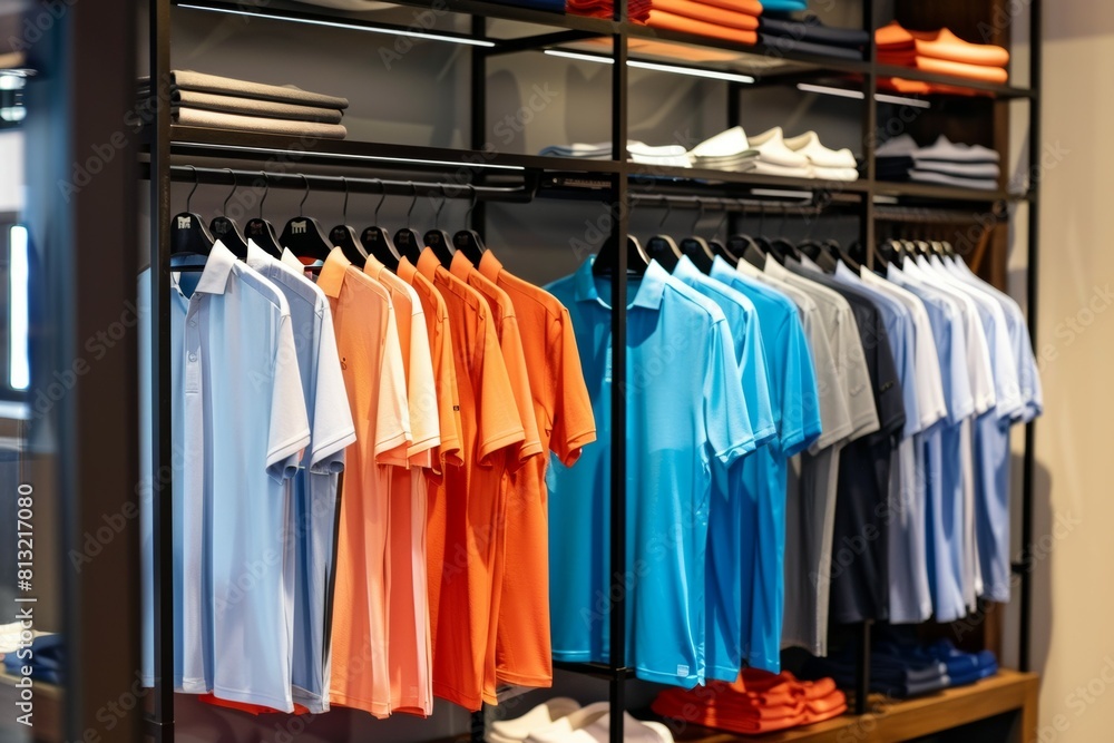 A rack of shirts with a blue shirt in the middle A rack of shirts with a blue shirt in the middle
