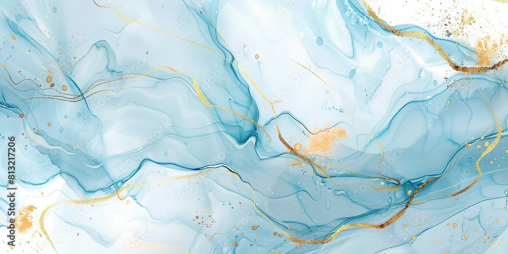 Marble blue gold. Abstract blue and white marble background with golden lines, liquid art painting in the style of watercolor