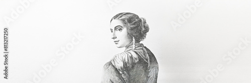 portrait concept - old print engraving drawing - smiling young woman profile photo