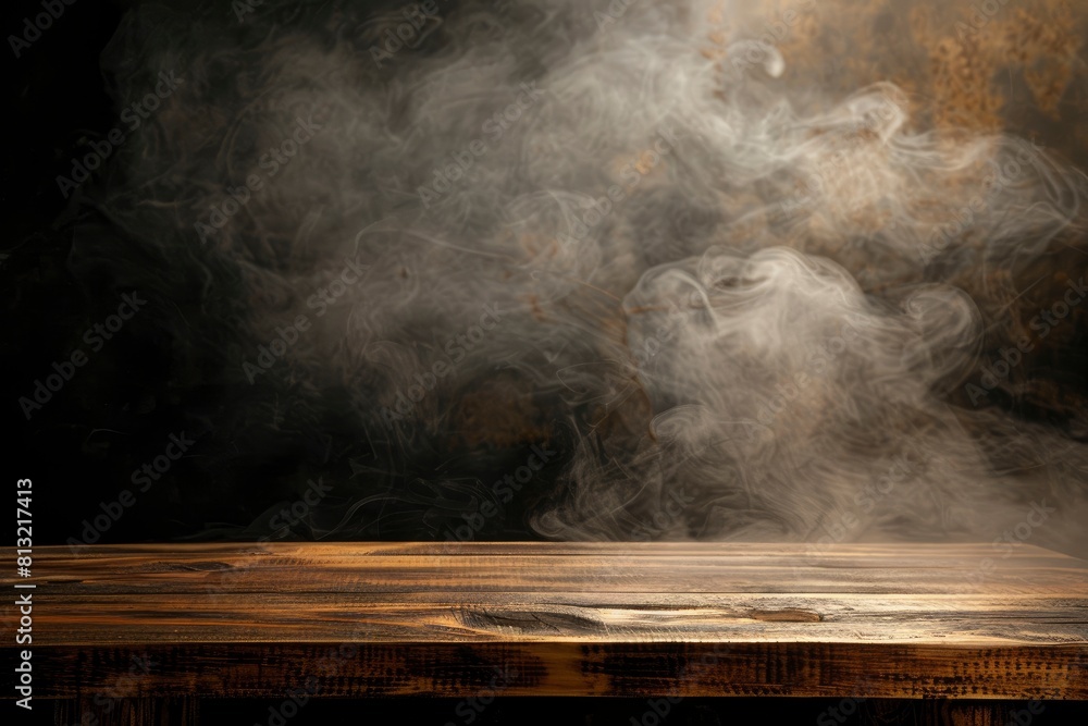 empty wooden table with smoke float up on dark background Empty Space for display your products - generative ai empty wooden table with smoke float up on dark background Empty Space for display your products - generative ai