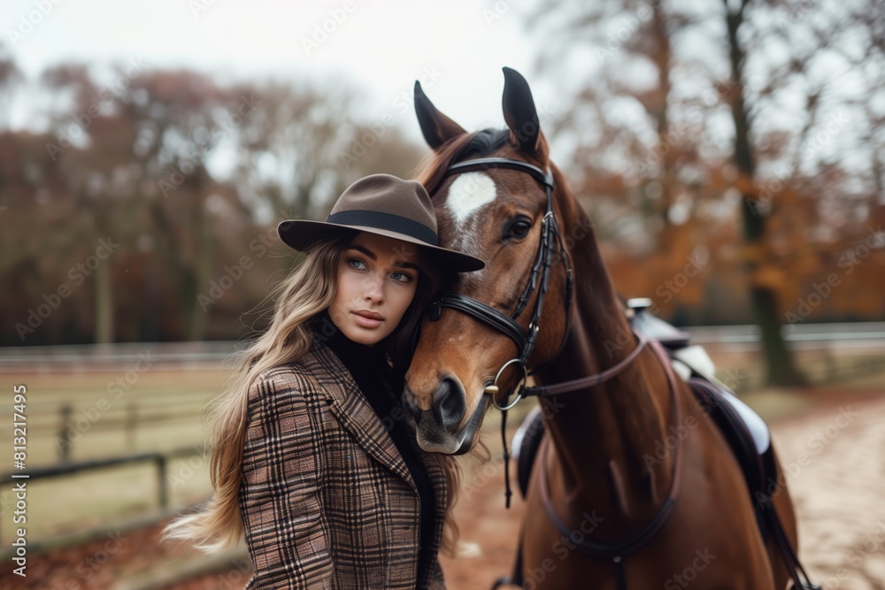 Obraz premium Editorial fashion photography. An elegant female rider with classic clothes posing next to her beautiful purebred horse
