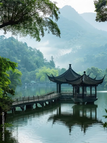 asian pavilions elegant decor, mountain and water scenery © MOVE STUDIO