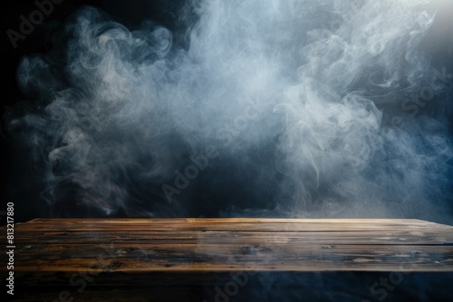 empty wooden table with smoke float up on dark background Empty Space for display your products - generative ai