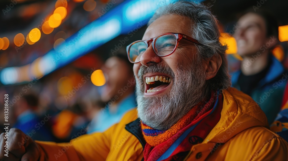 Rear view of a senior man with a gray beard, wearing glasses, watching a football match.