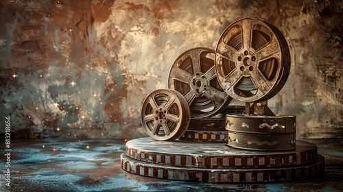 The image shows three old film reels on a rustic background.