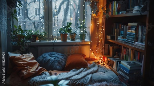 cozy reading nook with twinkling lights and stacks of books embodying tranquility comfort and hygge vibes lifestyle photography photo