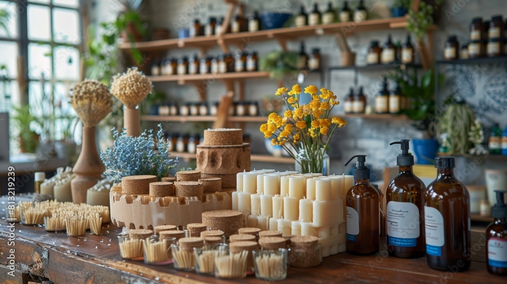 table displaying soy wax, wicks, and fragrance oils for soy candle making, promoting a workshop on the topic with a conceptual banner