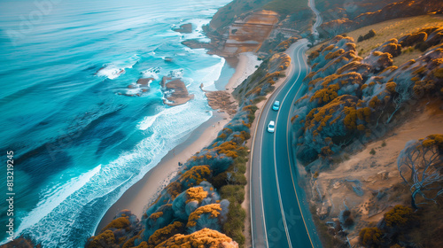 Aerial View of Car Driving Along Great Ocean Road